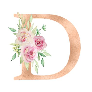 Çiçek alfabesi, D harfi suluboya çiçekler ve yapraklarla..