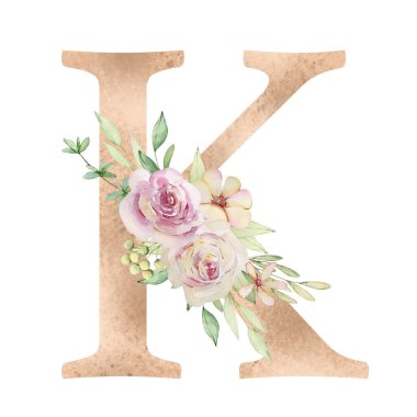 Çiçekli alfabe, K harfi suluboya çiçekler ve yapraklarla..