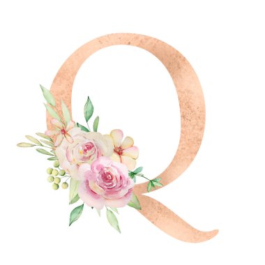 Çiçekli alfabe, suluboya çiçekli Q harfi ve yapraklı..