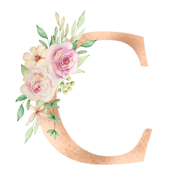 Floral Αλφάβητο Γράμμα Ακουαρέλα Λουλούδια Και Φύλλα — Φωτογραφία Αρχείου