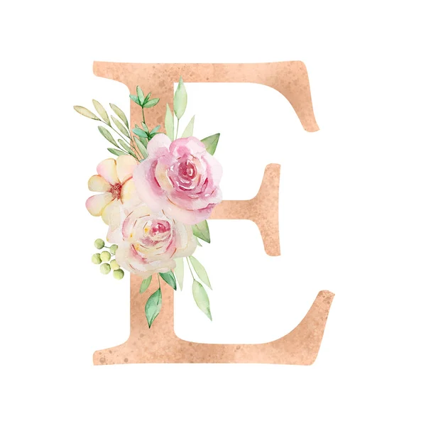 花卉字母表 带有水彩花和叶子的字母E — 图库照片