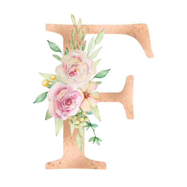 Floral Alphabet Letter Watercolor Flowers Leaves — ストック写真