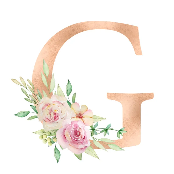 Floral Alphabet Letter Watercolor Flowers Leaves — ストック写真