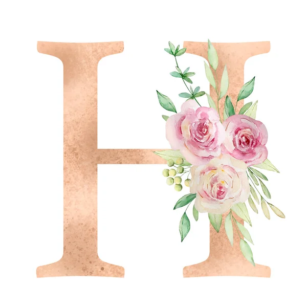 Floral Alphabet Letter Watercolor Flowers Leaves — ストック写真