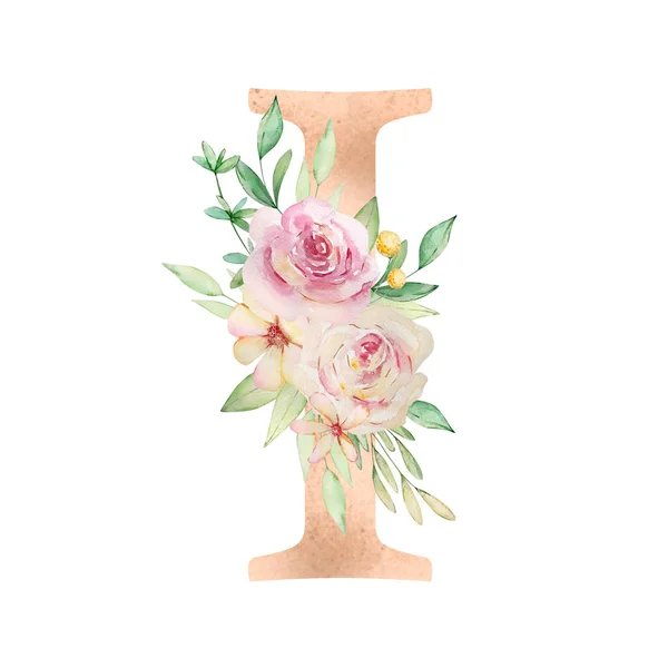 Floral Alphabet Letter Watercolor Flowers Leaves — ストック写真