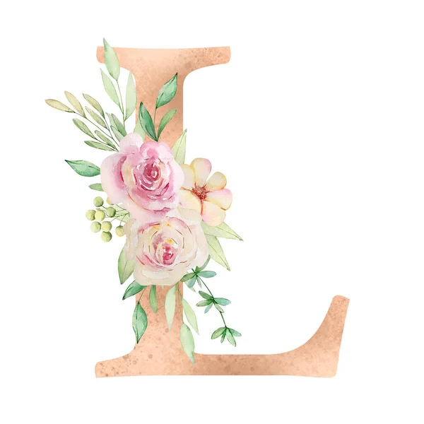 Floral Alphabet Letter Watercolor Flowers Leaves — ストック写真