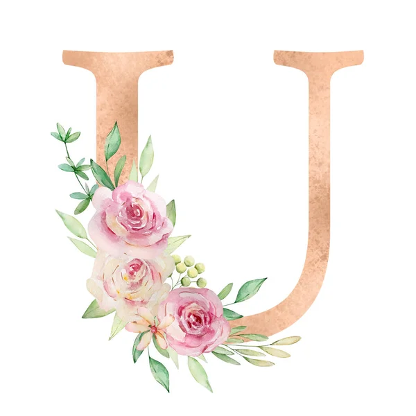 Floral Alphabet Letter Watercolor Flowers Leaves — ストック写真