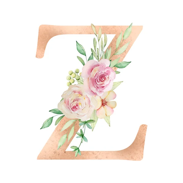 Floral Alphabet Letter Watercolor Flowers Leaves — ストック写真