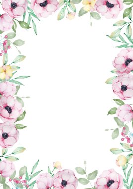 Pembe şakayık ve yaprakların suluboya çerçevesi