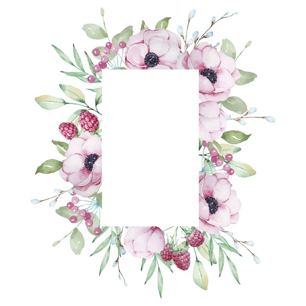 粉红色茴香和覆盆子的水彩镜框矩形 — 图库照片