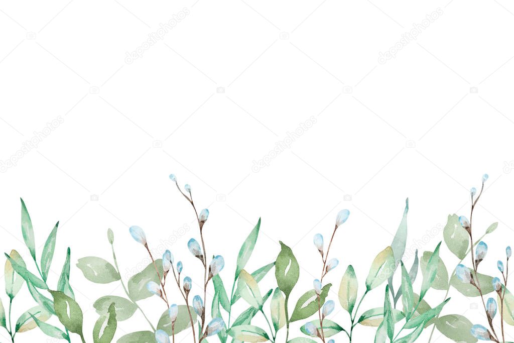 Watercolor seamless border of willow branches and leaves