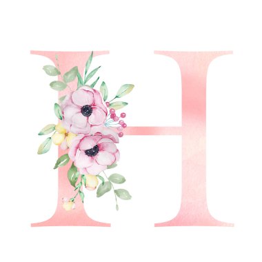 Çiçekli suluboya alfabesi, H harfi şakayık, çiçek ve yapraklı.
