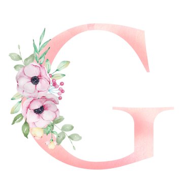 Çiçekli suluboya alfabesi, şakayık, çiçek ve yapraklı G harfi.