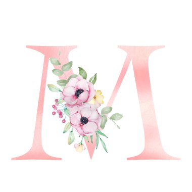 Floral watercolor alphabet, letter M with anemones, flowers and leaves