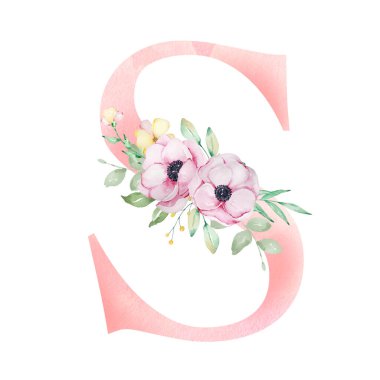 Çiçekli suluboya alfabesi, S harfi şakayık, çiçek ve yapraklı.