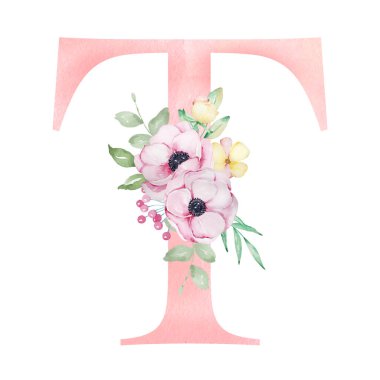 Çiçekli suluboya alfabesi, K harfi şakayık, çiçek ve yapraklı.