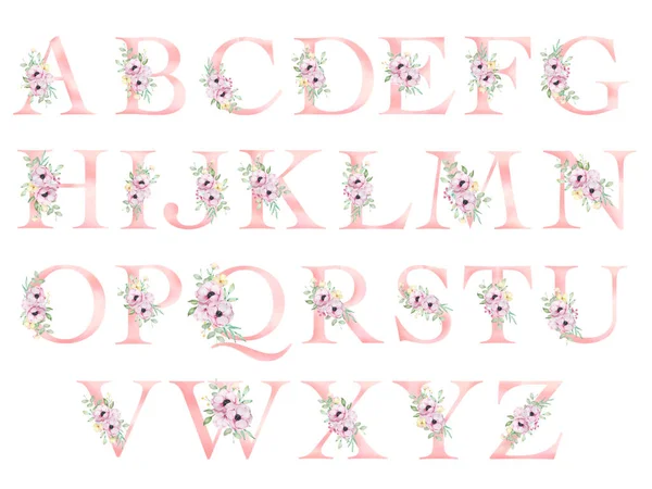 Alfabet Kwiatowy Litery Akwarelowymi Kwiatami Liściem Monogram Idealnie Nadaje Się — Zdjęcie stockowe