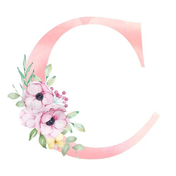 Floral Watercolor Alphabet Letter Anemones Flowers Leaves — Foto de Stock