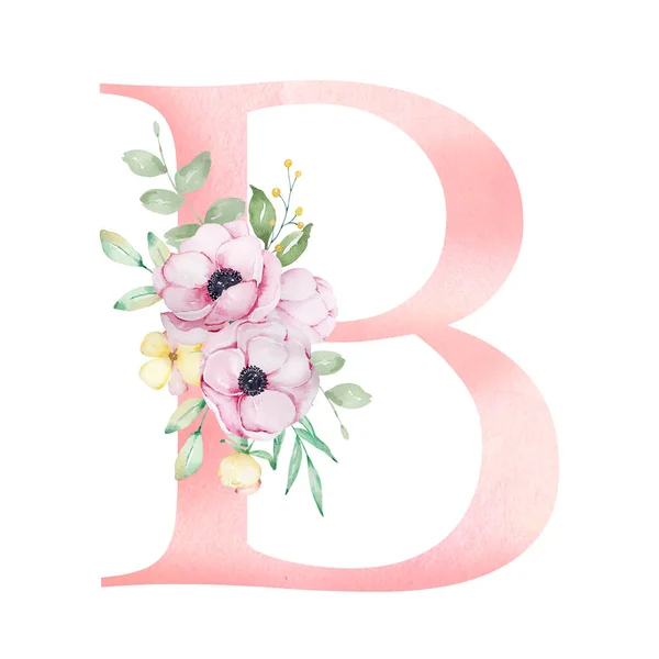 Floral Watercolor Alphabet Letter Anemones Flowers Leaves — Foto de Stock