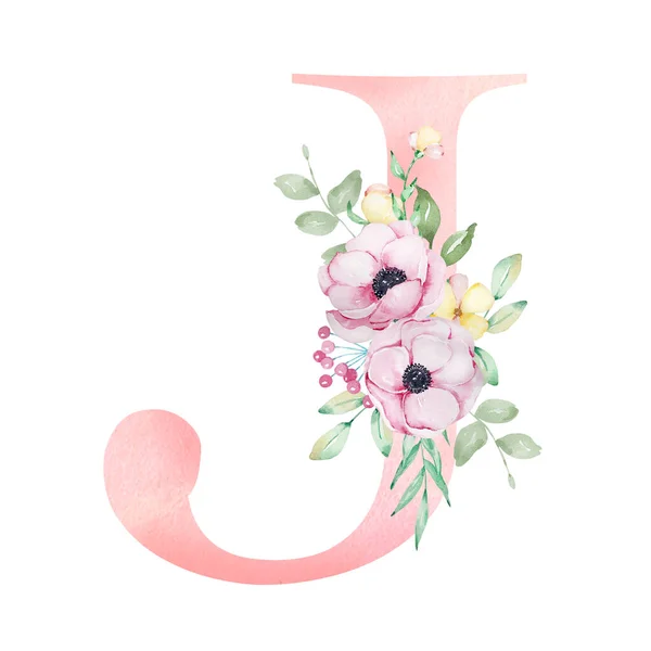 Alphabet Aquarelle Floral Lettre Avec Anémones Fleurs Feuilles — Photo