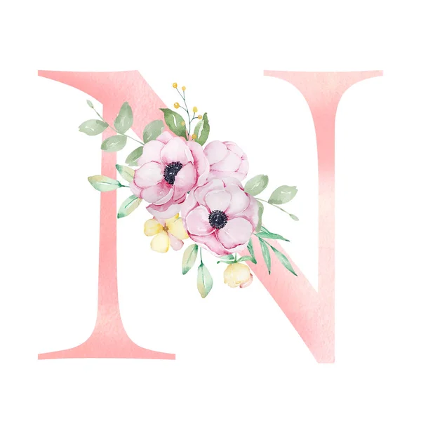 花水彩字母 字母N 有海葵 花和叶子 — 图库照片