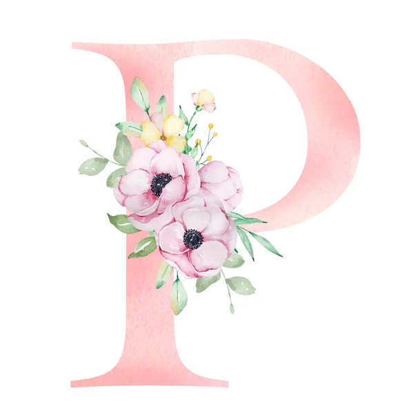 花色水彩字母 字母P 有海葵 花和叶子 — 图库照片