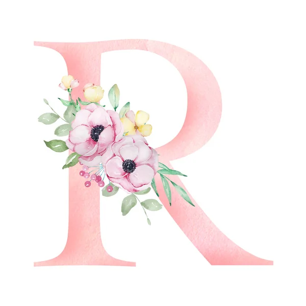 Floral Watercolor Alphabet Letter Anemones Flowers Leaves — ストック写真