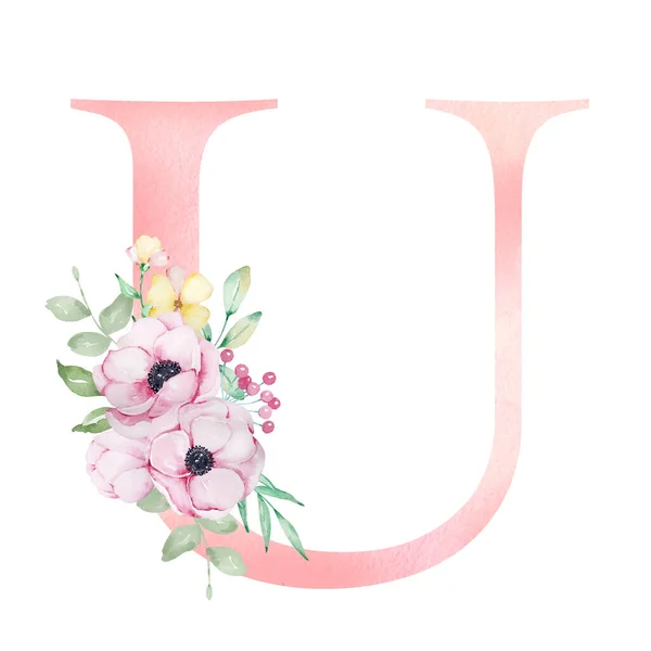 Floral Watercolor Alphabet Letter Anemones Flowers Leaves — ストック写真