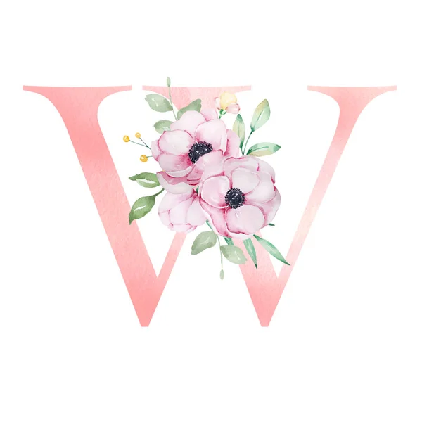 Floral Watercolor Alphabet Letter Anemones Flowers Leaves — ストック写真