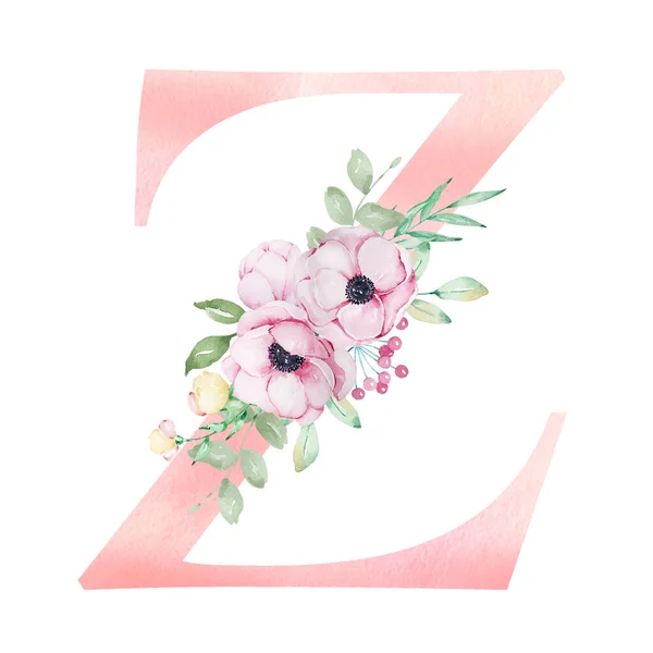 花色水彩字母 字母Z 有海葵 花和叶子 — 图库照片