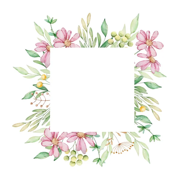 Υδατογραφία Τετράγωνο Φλοράλ Πλαίσιο Από Ροζ Λουλούδια Και Φύλλα — Φωτογραφία Αρχείου