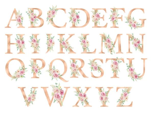 Çiçekli alfabe, suluboya çiçekler ve yapraklarla dizilmiş harfler. Düğün davetiyeleri, tebrik kartları, logolar, posterler ve diğer tasarım için baş harfler mükemmel.. 