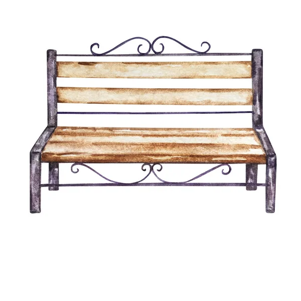 Watercolor Garden Iron Wooden Benc — Stockfoto