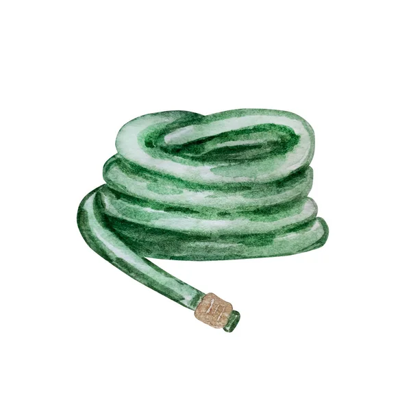 Watercolor Garden Green Watering Hose — Stock Photo, Image