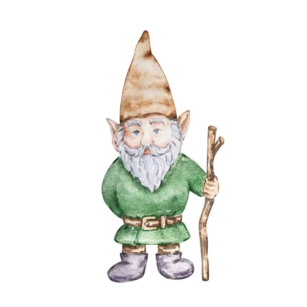 Watercolor Garden Gnome Brown Hat — ストック写真