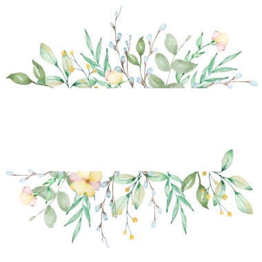 Watercolor frame of willow branches, flowers and leave