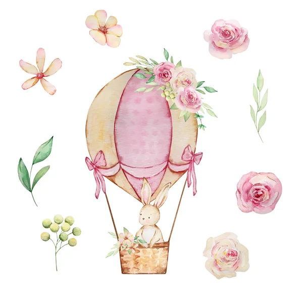 Akvarell Tavaszi Húsvét Készlet Nyuszi Léggömb Virággal — Stock Fotó