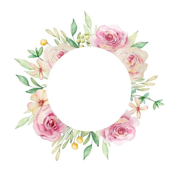 Акварель Кругла Квіткова Рамка Рожевих Троянд Листя — стокове фото