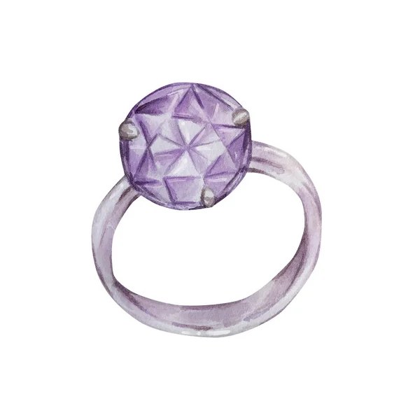 水彩イラストバレンタインデー 紫の宝石でリング ダイヤモンド — ストック写真