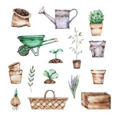 Suluboya büyük bahçe aletleri, el arabası, tencere ve diğer elementler