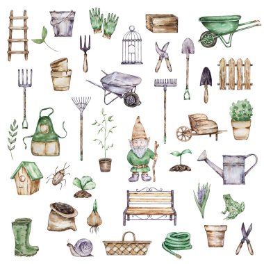 Suluboya büyük bahçe aletleri, el arabası, tencere ve diğer elementler