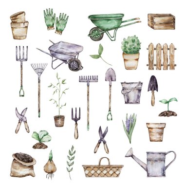 Suluboya büyük bahçe aletleri, el arabası, tencere ve diğer elementler