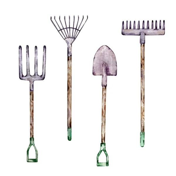 Watercolor Set Gardening Tools Work — Stock Photo, Image