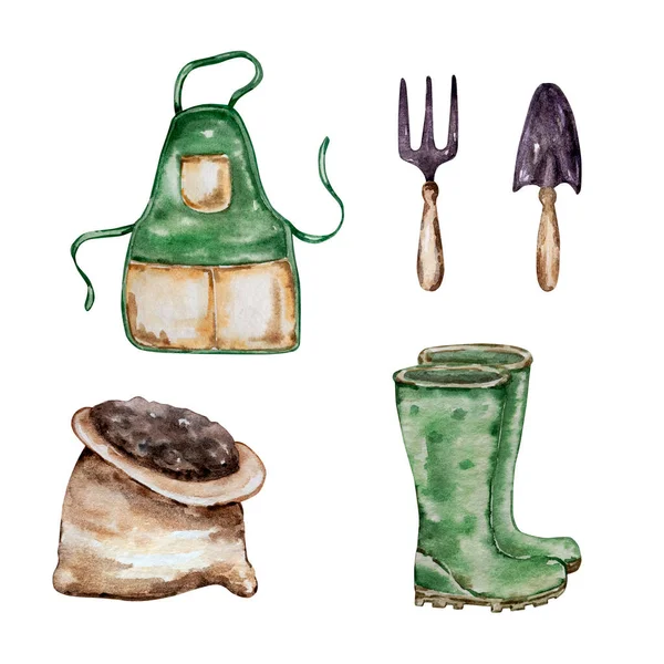 Watercolor Set Gardening Tools Apron Boots — Stock Fotó
