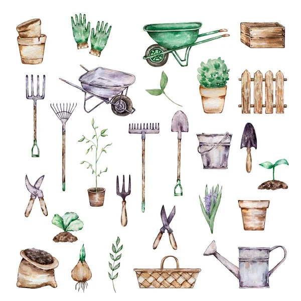 Watercolor Big Set Garden Tools Wheelbarrow Pots Other Element — Stock Fotó