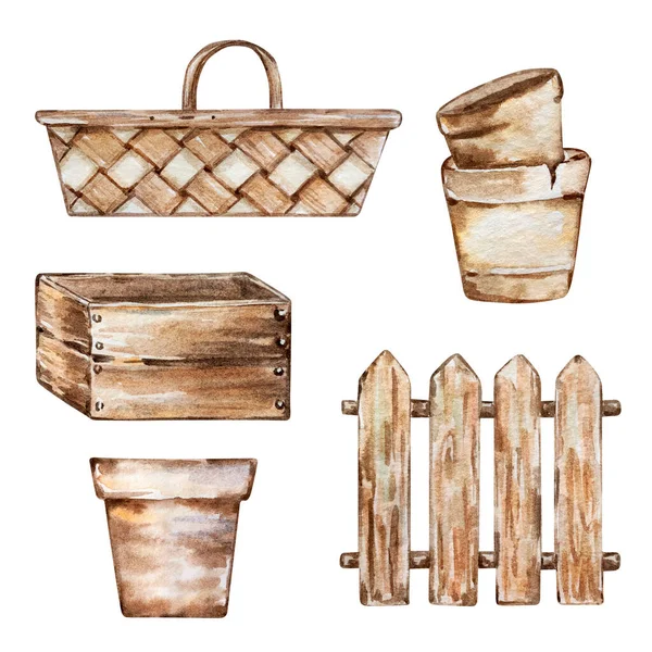 Watercolor Set Garden Pots Box Basket —  Fotos de Stock