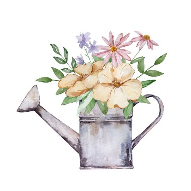 Bahçe çiçekleri ve yapraklarıyla sulanan sulu boya teneke.