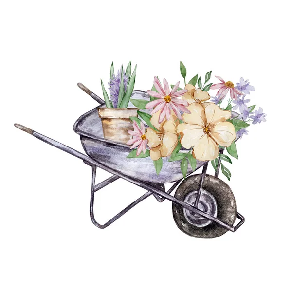 Chariot Jardin Aquarelle Fer Avec Fleurs Laisser — Photo