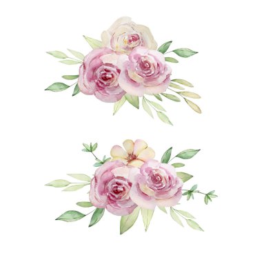 Suluboya çiçek seti İki buket gül ve yaprak