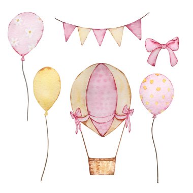 Tatlı suluboya balonlar, sıcak hava balonu, bayrak çelengi ve pruva